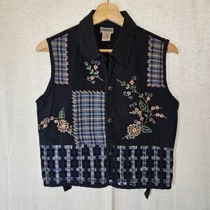 Shirts Company Collection Vintage Vest Navy Blue Floral Embroidery Basketweave S